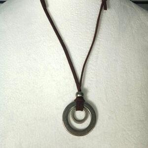 BOHO Brown Unisex Retro Necklace Faux Leather 11.5" Cord w/ Double Circle